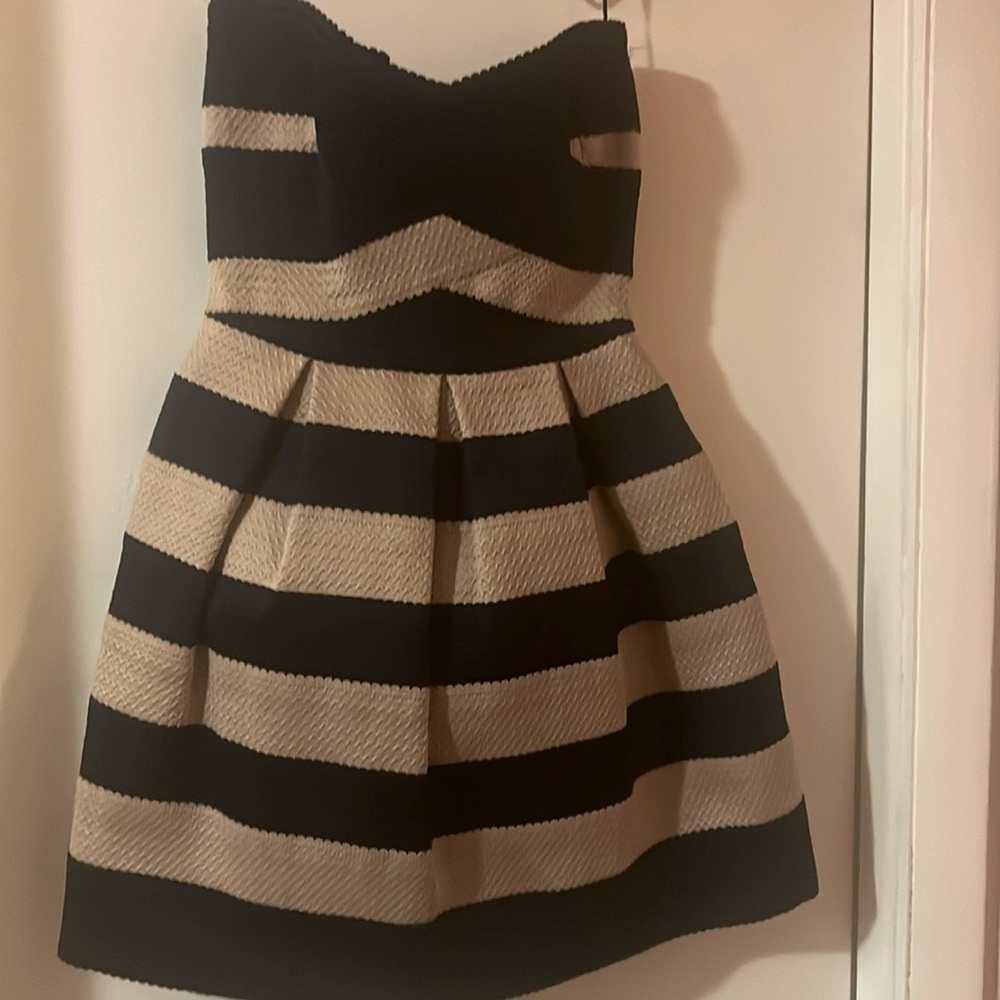 Beautiful Navy and Tan Strapless Dress